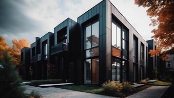 Modern modular private black townhouses residential architecture exterior photo