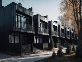 Modern modular private black townhouses residential architecture exterior photo