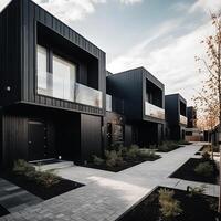 Modern modular private black townhouses residential architecture exterior photo