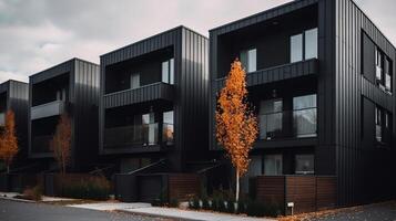 Modern modular private black townhouses residential architecture exterior photo