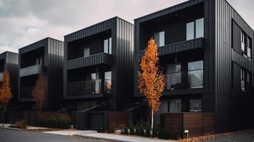 Modern modular private black townhouses residential architecture exterior generative ai photo