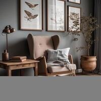 Interior design of scandinavian living room with frames with Wing chair near rustic wooden coffee table photo
