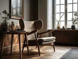 interior diseño de escandinavo vivo habitación con marcos con ala silla cerca rústico de madera café mesa generativo ai foto