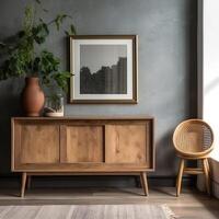 The interior design of the modern living room with a wooden rustic cabinet near the wall and a blank poster frame photo