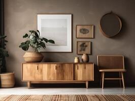 The interior design of the modern living room with a wooden rustic cabinet near the wall and a blank poster frame photo