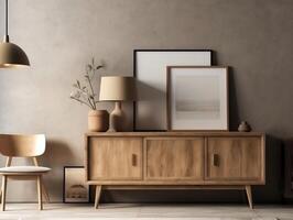 The interior design of the modern living room with a wooden rustic cabinet near the wall and a blank poster frame photo