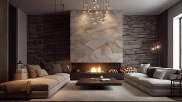 Fireplace decorated with stone tiles in minimalist interior design of modern living room with sofa generative ai photo