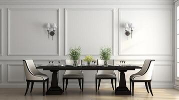 Black chairs and wooden dining table against classic white paneling wall interior design of the modern dining room photo