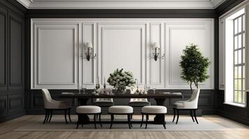 Black chairs and wooden dining table against classic white paneling wall interior design of the modern dining room photo