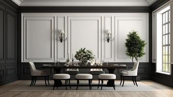 Black chairs and wooden dining table against classic white paneling wall interior design of the modern dining room generative ai photo