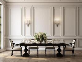 Black chairs and wooden dining table against classic white paneling wall interior design of the modern dining room photo