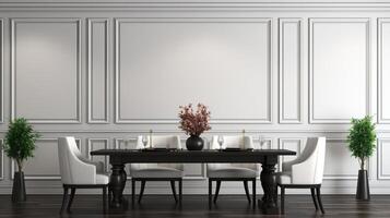 Black chairs and wooden dining table against classic white paneling wall interior design of the modern dining room photo