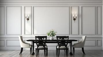 Black chairs and wooden dining table against classic white paneling wall interior design of the modern dining room photo