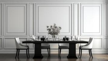 Black chairs and wooden dining table against classic white paneling wall interior design of the modern dining room photo