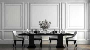 Black chairs and wooden dining table against classic white paneling wall interior design of the modern dining room generative ai photo