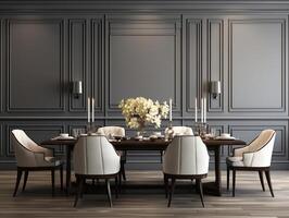 Black chairs and wooden dining table against classic white paneling wall interior design of the modern dining room photo