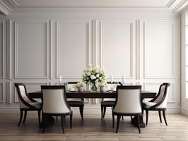 Black chairs and wooden dining table against classic white paneling wall interior design of the modern dining room photo