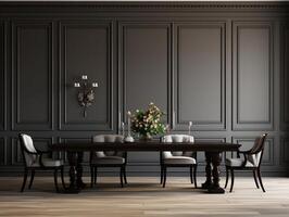 Black chairs and wooden dining table against classic white paneling wall interior design of the modern dining room photo