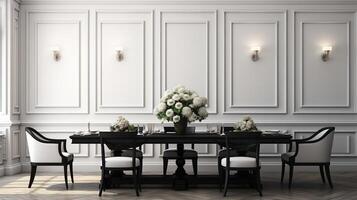 Black chairs and wooden dining table against classic white paneling wall interior design of the modern dining room photo