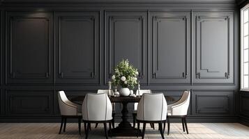 Black chairs and wooden dining table against classic white paneling wall interior design of the modern dining room photo