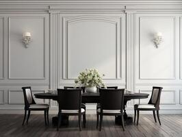 Black chairs and wooden dining table against classic white paneling wall interior design of the modern dining room photo