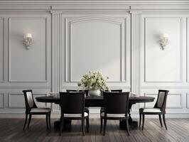 Black chairs and wooden dining table against classic white paneling wall interior design of the modern dining room generative ai photo