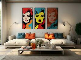 Pop art style interior design of the modern living room with two beige sofas generative ai photo