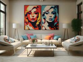 Pop art style interior design of the modern living room with two beige sofas generative ai photo