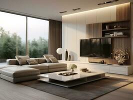 minimalista estilo interior diseño de el moderno vivo habitación con televisión generativo ai foto