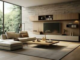 minimalista estilo interior diseño de el moderno vivo habitación con televisión generativo ai foto