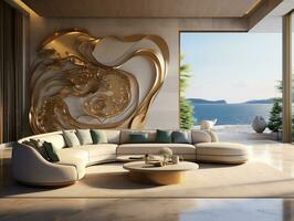 lujo villa en el playa interior diseño de el moderno vivo habitación con dorado esculturas generativo ai foto
