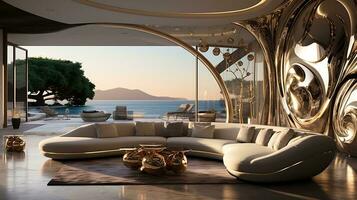 Luxury villa on the seaside interior design of the modern living room with golden sculptures generative ai photo