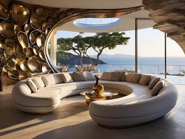 Luxury villa on the seaside interior design of the modern living room with golden sculptures generative ai photo