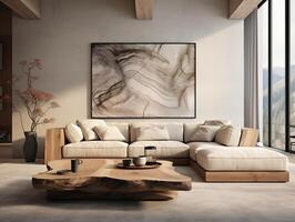 Rustic live edge table and chairs near the beige sofa interior design of the modern living room generative ai photo