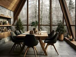 Wooden set dining table and chairs interior design of modern dining room with window generative ai photo