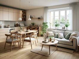 Studio apartment with dining table and chairs interior design of modern living room generative ai photo