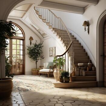 Interior design of entrance hall with door and staircase photo