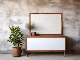 Wooden rustic chest of drawers near the wall Interior design of modern living room photo