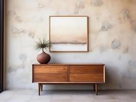 Wooden rustic chest of drawers near the wall Interior design of modern living room photo