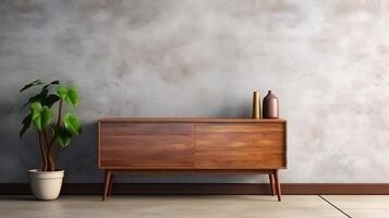 Wooden rustic chest of drawers near the wall Interior design of modern living room photo