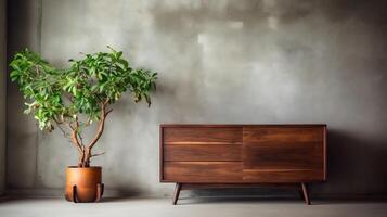 Wooden rustic chest of drawers near the wall Interior design of modern living room photo