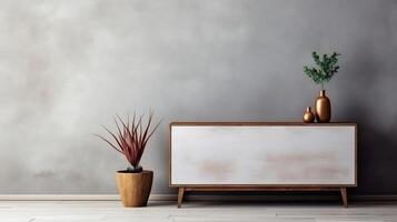 Wooden rustic chest of drawers near the wall Interior design of modern living room photo