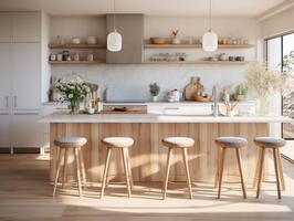 Interior design of kitchen with marble island and wooden stools generative ai photo