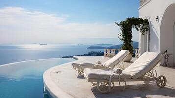 Two deck chairs on terrace with pool and stunning sea view photo