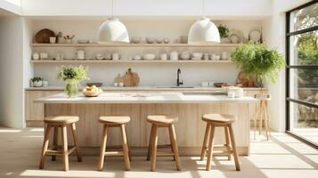 Interior design of kitchen with marble island and wooden stools generative ai photo