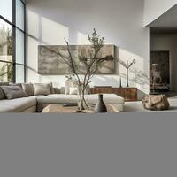 Rustic live edge table and chairs near beige sofa interior design of modern living room generative ai photo