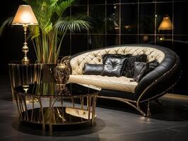 Luxury room with design furniture and golden elements generative ai photo