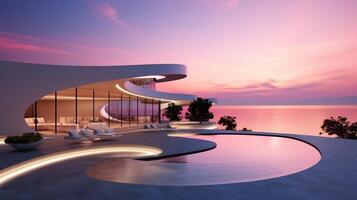 Modern minimalist round and curved shaped luxury house villa with terrace on sea shore at sunset generative ai photo