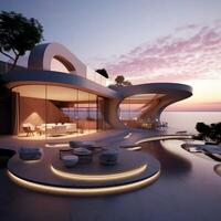 Modern minimalist round and curved shaped luxury house villa with terrace on sea shore at sunset photo