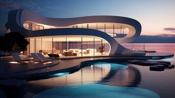 Modern minimalist round and curved shaped luxury house villa with terrace on sea shore at sunset photo